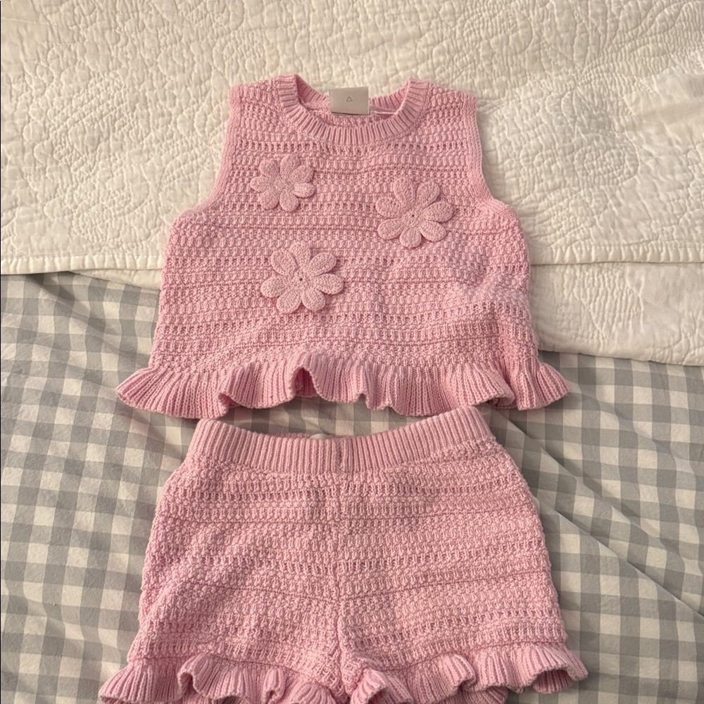 Zara toddler Pink Crochet Floral Knit Tank & Shorts Set